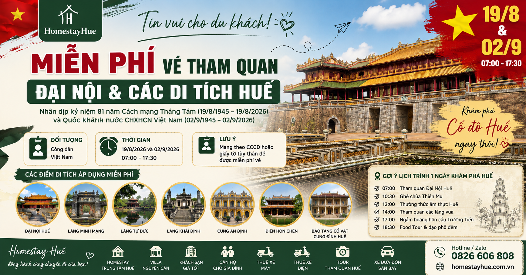 Miễn phí vé tham quan Đại Nội và các di tích Huế ngày 19/8 & 2/9/2026 – Cơ hội khám phá Cố đô với chi phí 0 đồng